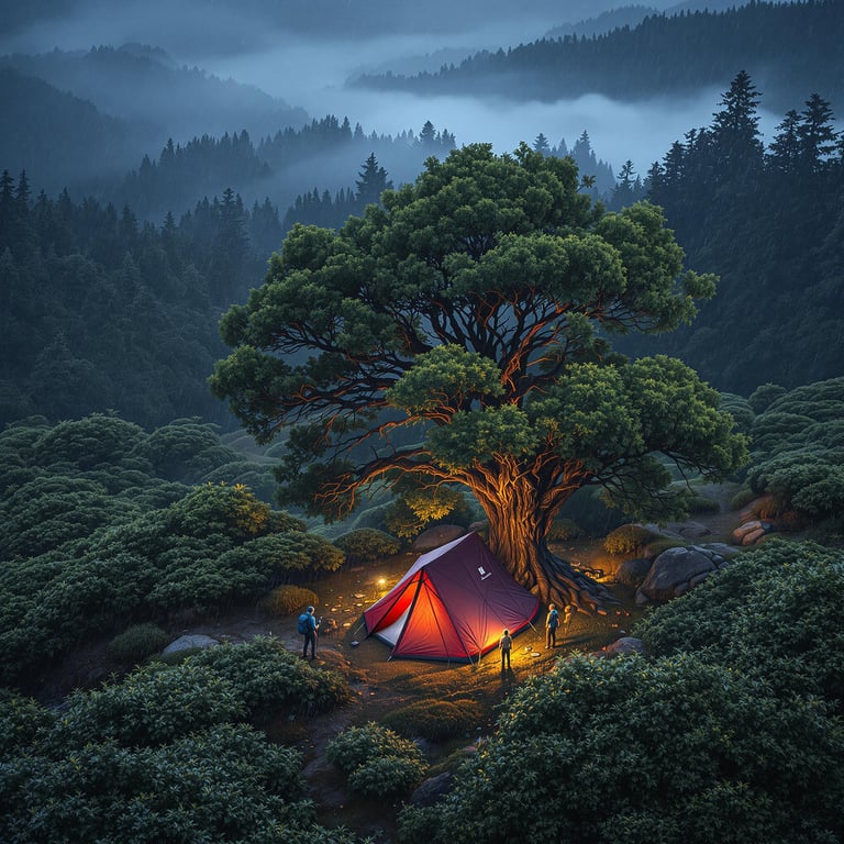 A burgundy tree tent rests beside a hidden cove, tucked among small trees and thick bushes. Soft morning drizzle creates a calm, misty mood, while a flashlight glows warmly inside the tent.