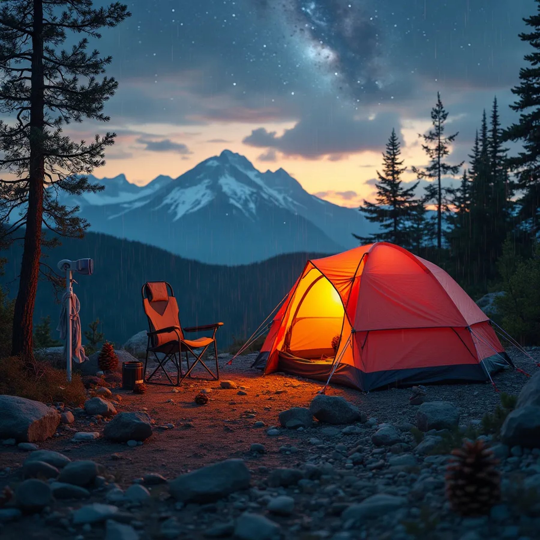 A bright coral tent rests among small pine trees in Denali National Park. Rainy air, distant mountains, and falling meteors create a magical night sky. Camping chairs and a simple outdoor shower make this peaceful campsite feel ready for adventure.