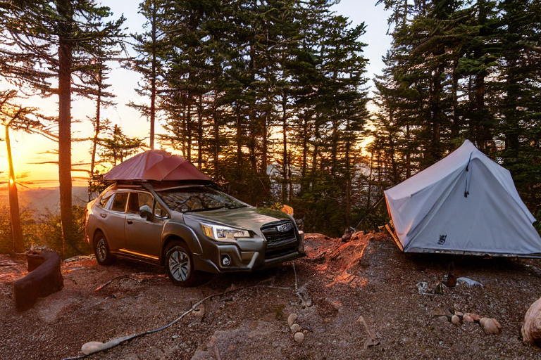 A Subaru with its rooftop tent open rests at a peaceful campsite on the Maine coast. A dirt path leads past a stone-ringed campfire, with logs ready for a cozy evening. The clear sunset sky adds a warm glow to the quiet scene.