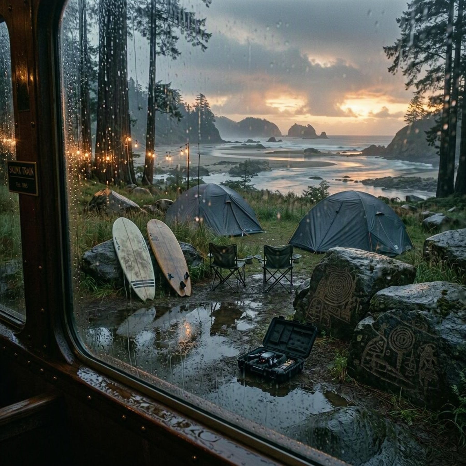 Rain-darkened redwoods surround three gray dome tents beside the winding Pudding Creek estuary. Warm sunset light glows through the trees, reflecting in puddles and wet grass. Empty chairs, old surfboards, and string lights create a quiet, peaceful campsite.
