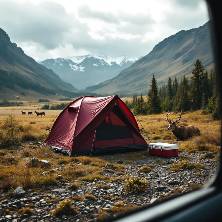 A burgundy tent rests on a rocky patch in the wild Alaskan hills. Deer and wild horses graze in the distance as a lightning storm rolls across the sky. A cooler sits by the tent, ready for a rugged adventure.