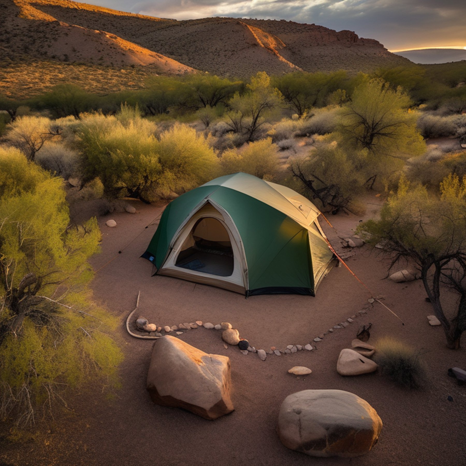 A forest-green tent rests beside a warm campfire in the New Mexico desert. Rolling hills, large rocks, and a clear stream surround the campsite, glowing softly under cloudy golden-hour skies.