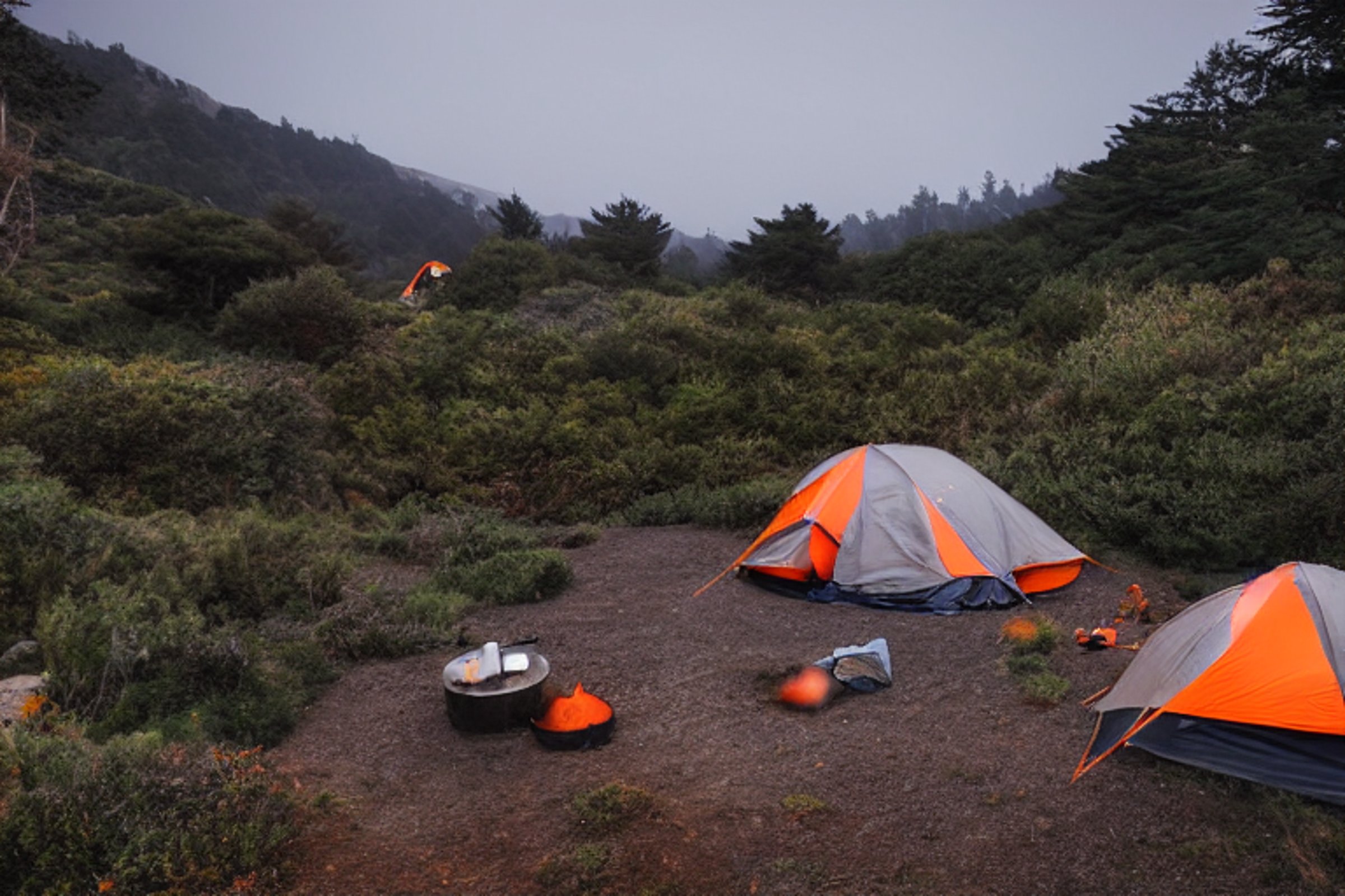 A gray and orange tent rests on a rocky campsite in Big Sur at rainy dusk. A warm lantern glows beside a large rock, while clothes hang from a nearby line. The wet ground and cloudy sky create a quiet, cozy mood.