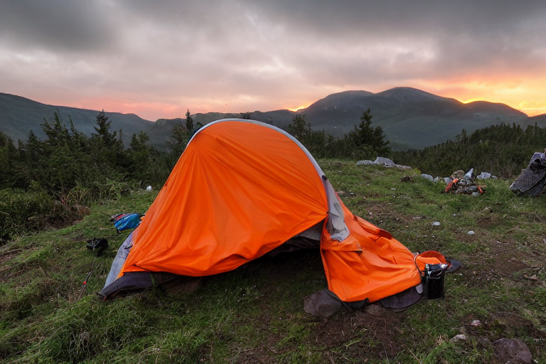 A gray and orange tent rests on a rough mountaintop campsite as rain falls around it. Small trees sway nearby, while birds cross the cloudy sunset sky. A backpack sits on the dirt beside the tent.