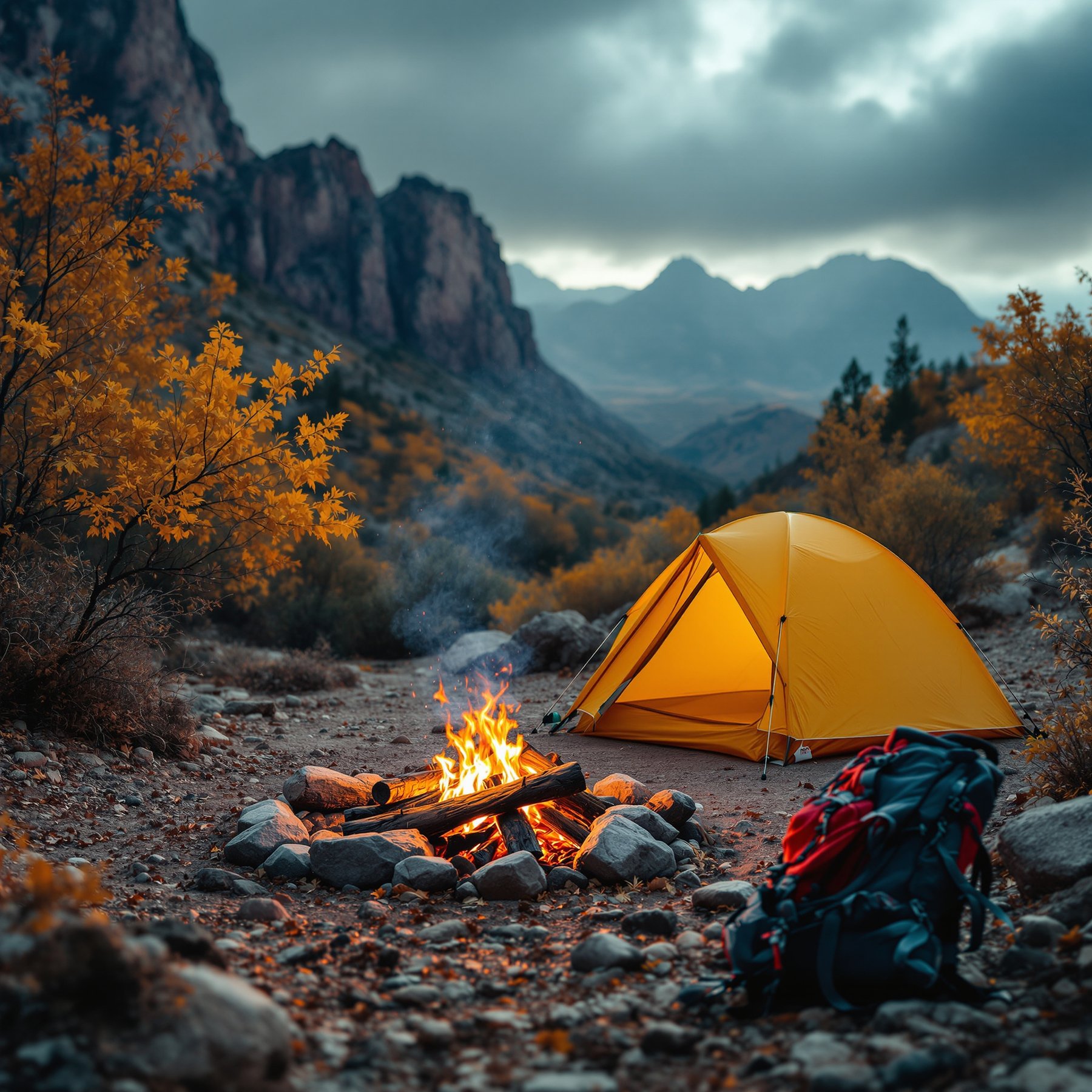 A bright yellow tent glows beside a cozy campfire in the mountains. Tall cliffs and golden trees surround the campsite, making it feel peaceful and wild. It's the perfect spot for an outdoor adventure.