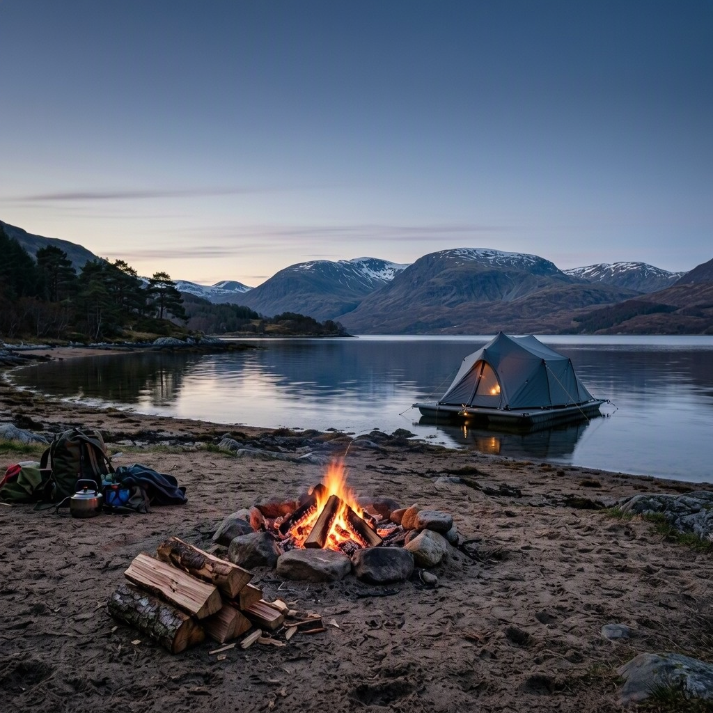 A quiet sandy campsite rests beside the still waters of Loch Morlich. A slate-grey tent floats just offshore, while a small campfire glows beneath the distant Cairngorms.
