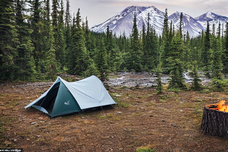 A cozy two-person tent rests beside a small stream in an Alaskan wilderness campsite. Mountains rise in the distance beneath bright green northern lights, while a campfire glows beside a large log.