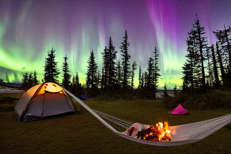 A cozy white tent rests near a warm campfire on Cannon Beach at night. Bright northern lights dance above the clear sky, while a hammock, clothesline, and wooden guitar add a homey touch.