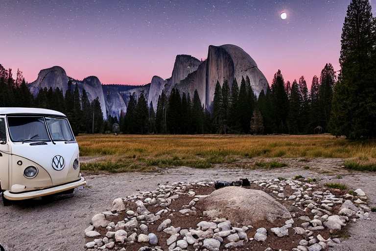 A white campervan rests on a rocky dirt patch in Yosemite as the sun sets. Fallen leaves and rough stones surround the quiet campsite, while soft fog drifts through the air. A pale moon hangs above the trees.
