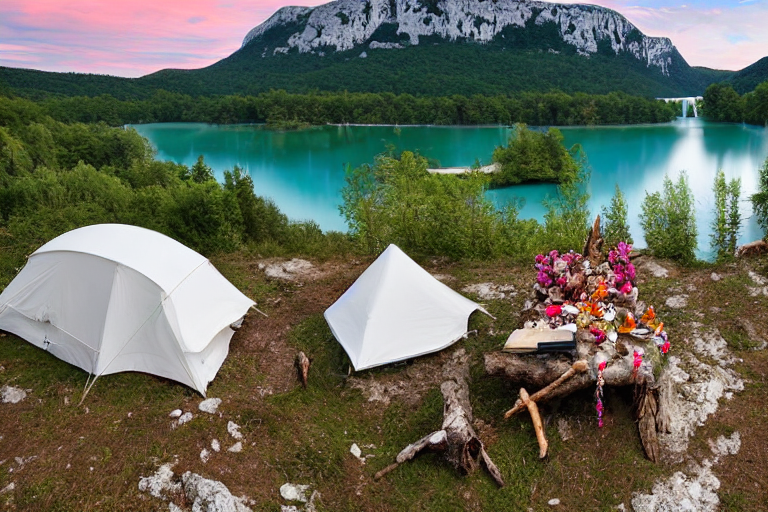 A white tent rests on a quiet campsite in Plitvice Lakes National Park. Mountains rise in the distance beneath a cloudy sunset sky. Flowers, a twig, and a large log near the campfire add a cozy touch to the peaceful setting.