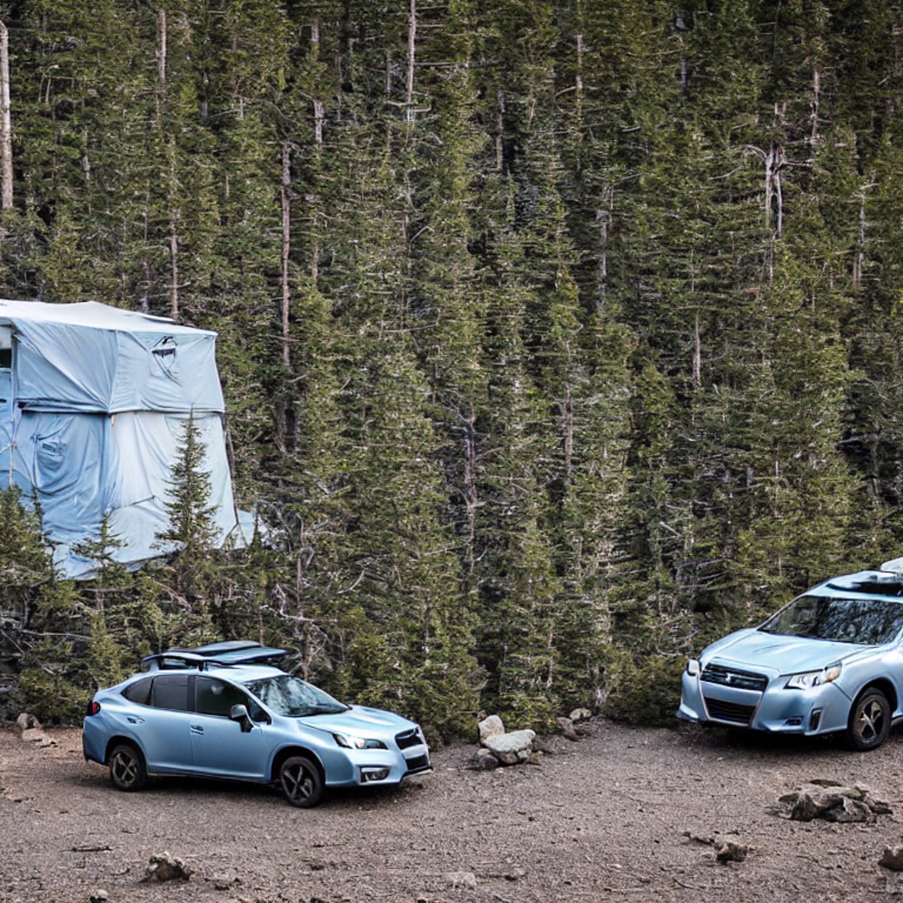 A gray and blue Subaru rests at a quiet campsite beneath glowing northern lights. Snow dusts the rocky ground, while mossy trees and large stone slabs surround the open rooftop tent.
