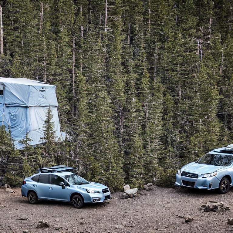 A gray and blue Subaru rests at a quiet campsite beneath glowing northern lights. Snow dusts the rocky ground, while mossy trees and large stone slabs surround the open rooftop tent.