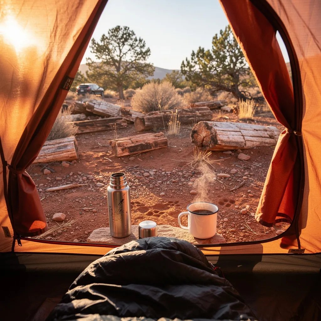 Warm afternoon sunlight pours into a dry, red desert forest dotted with old petrified logs. A copper tent sits with its door open, and you can see a thermos and a mug of steaming coffee by the entrance. Faint animal tracks cross the dusty ground, making the place feel quiet, wild, and full of secrets.