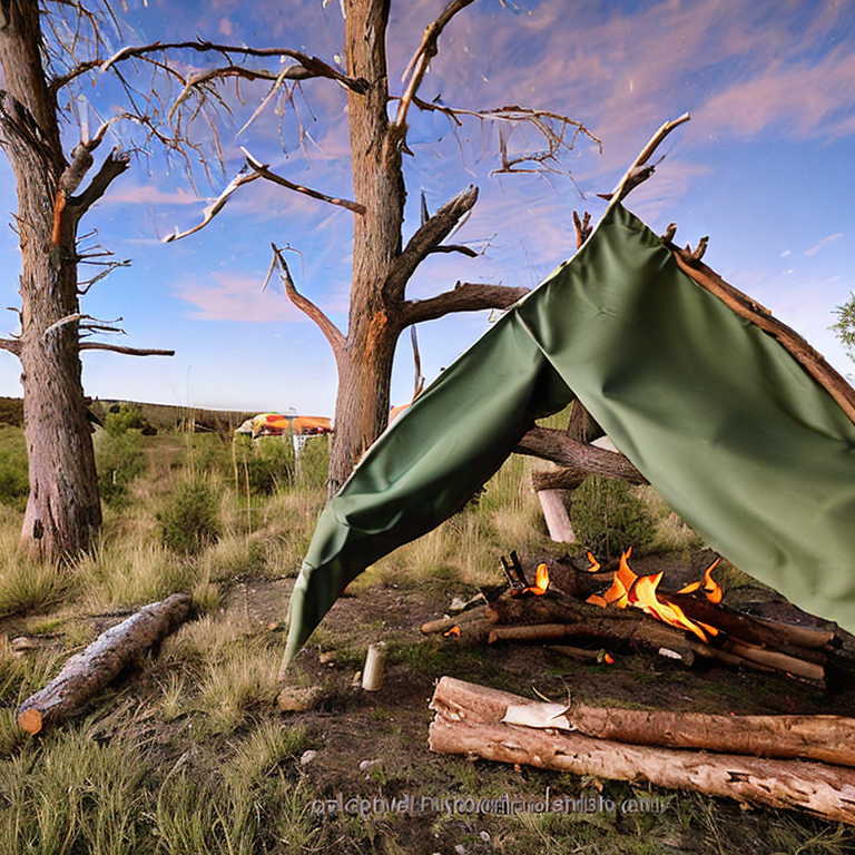 A green camo tent rests on a quiet dirt campsite beneath a sky full of stars. A warm campfire glows beside a large log, while clothes hang from a nearby line.