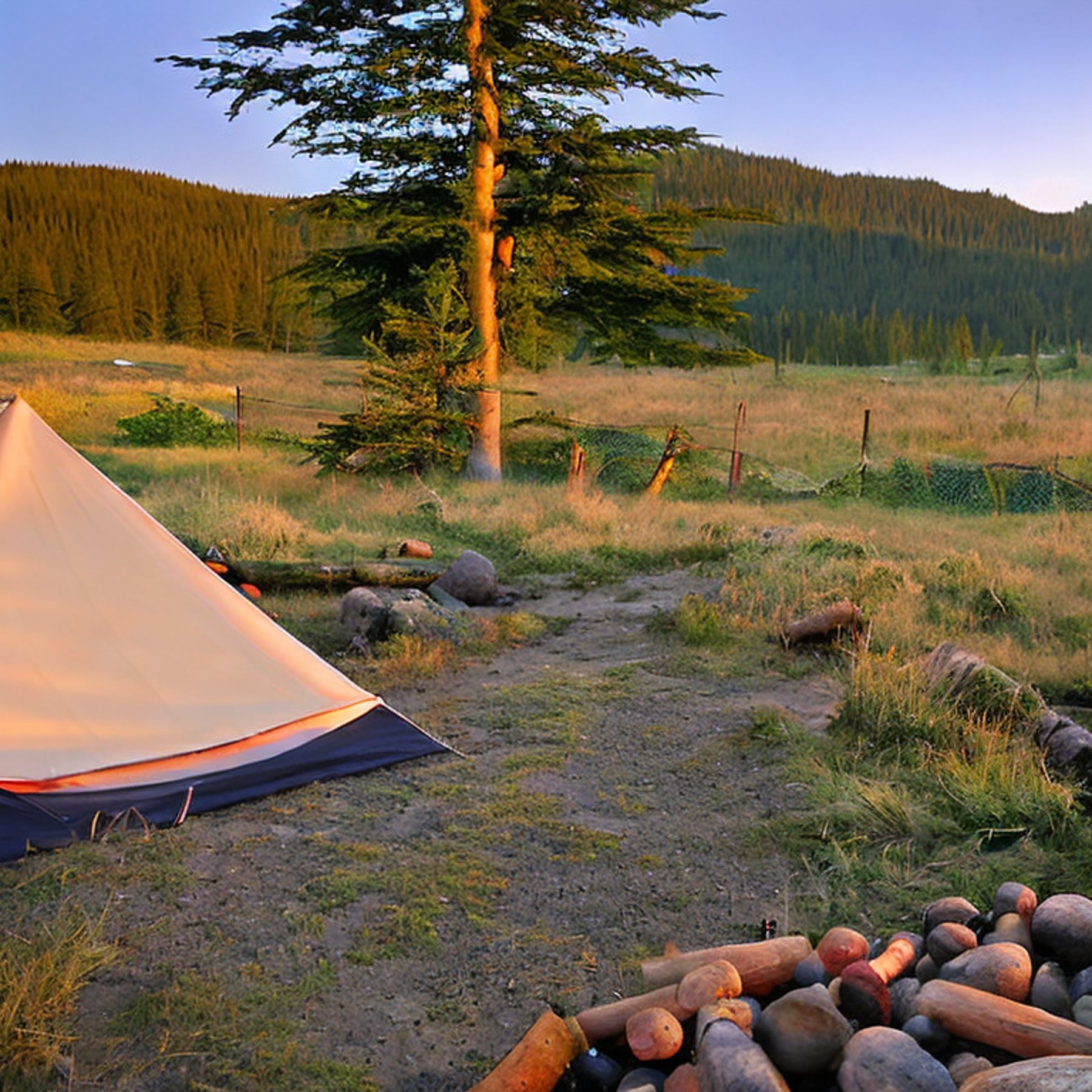 A tan tent rests on a quiet campsite beneath a clear dusk sky. Rolling hills stretch into the distance, while a warm campfire glows beside a large log and berry-covered bush.