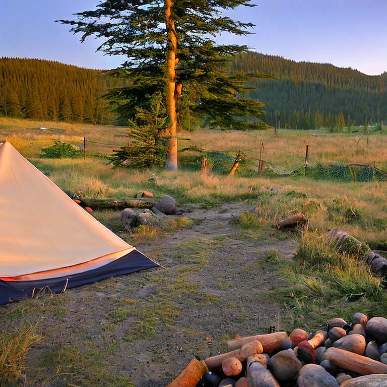 A tan tent rests on a quiet campsite beneath a clear dusk sky. Rolling hills stretch into the distance, while a warm campfire glows beside a large log and berry-covered bush.
