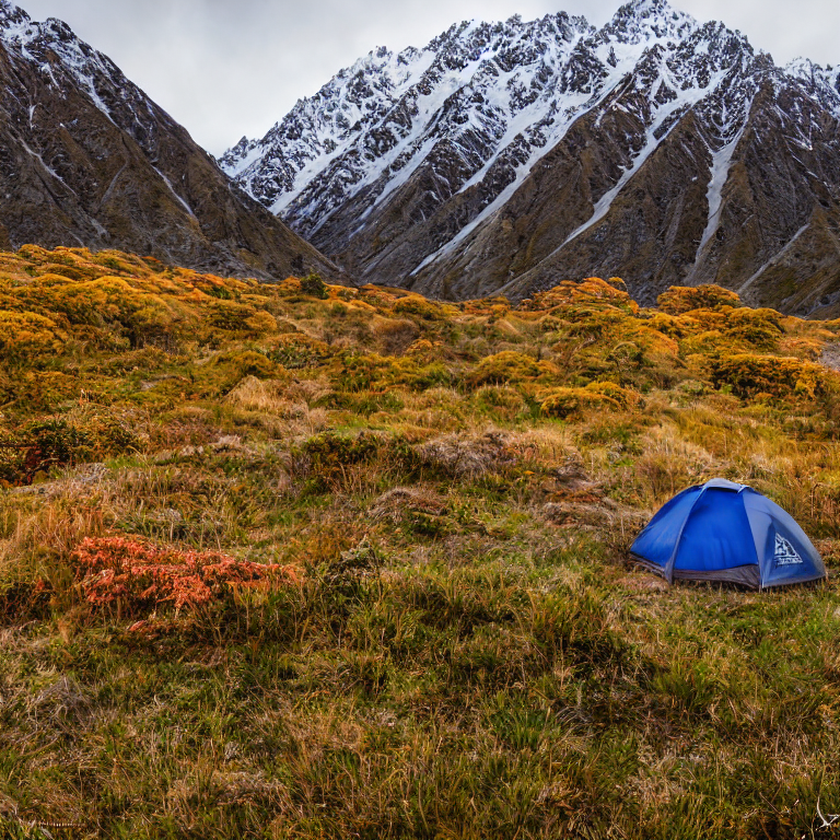 A colorful tent rests on a quiet dirt campsite in Mount Cook National Park. Golden autumn trees, berry-covered bushes, and rolling hills surround it, while misty mountains fade into the dusk.