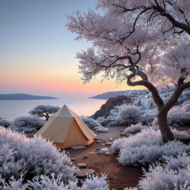 Camp under frosty trees by the sea as the sun sets with soft pink and purple colors. Cozy white houses sit on a hillside nearby. It’s a peaceful place to relax and enjoy nature.