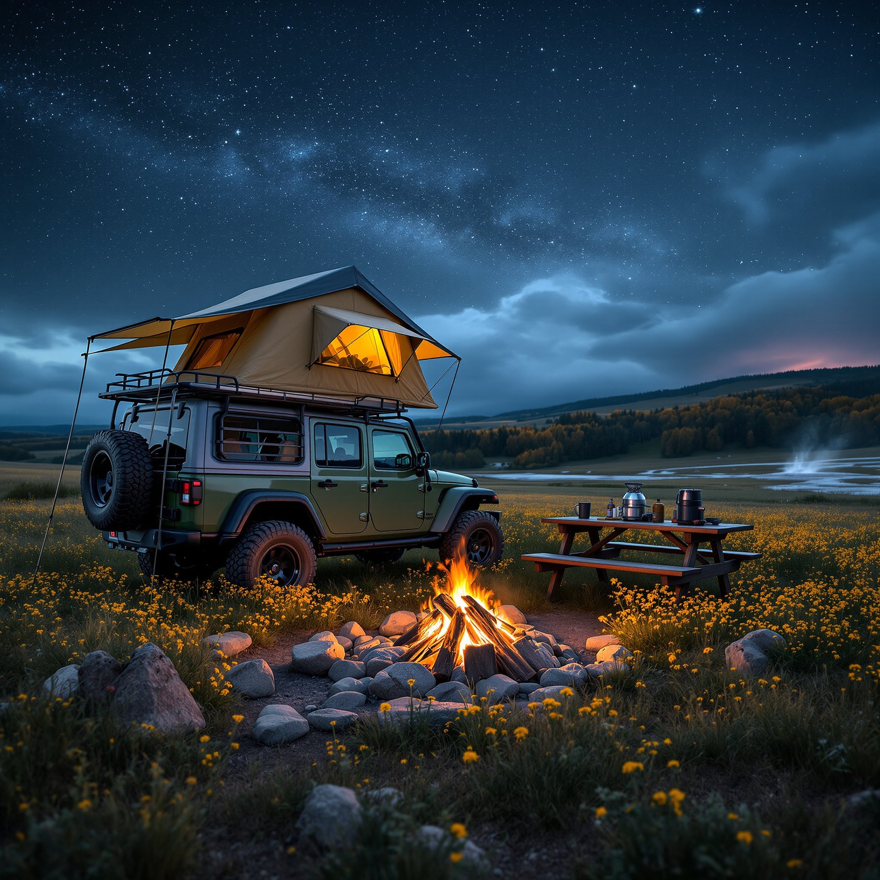 A cozy campsite sits under a sky full of stars, surrounded by fields of yellow flowers. A campfire glows beside a picnic table and a jeep with a rooftop tent. The peaceful hills stretch out in the background, perfect for nighttime adventures.