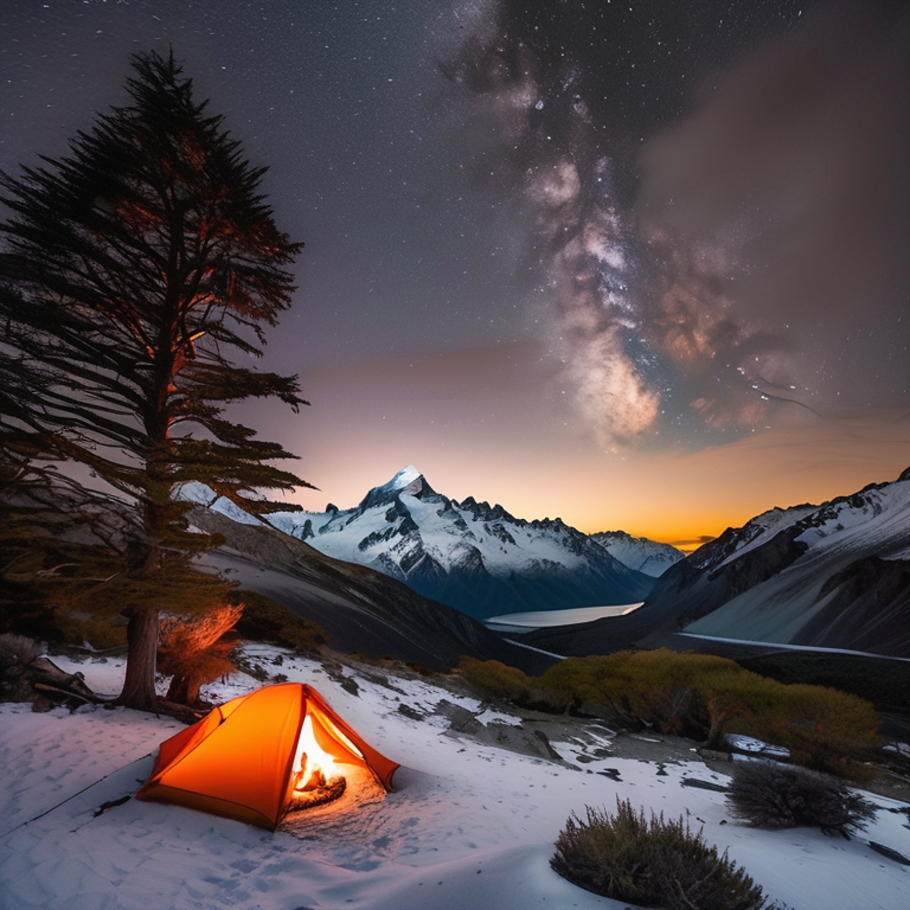 A gray and orange tent sits beside a warm campfire on a snowy dirt clearing at dusk. Tall trees surround the campsite, while a small flashlight glows in the distance beneath the mountains.