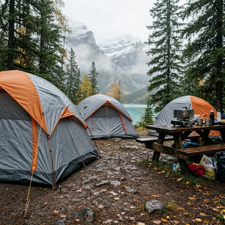 Three gray and orange tents sit among damp evergreens in the cool autumn mist. A small stove rests on the picnic table, making this quiet forest camp feel ready for a cozy evening.