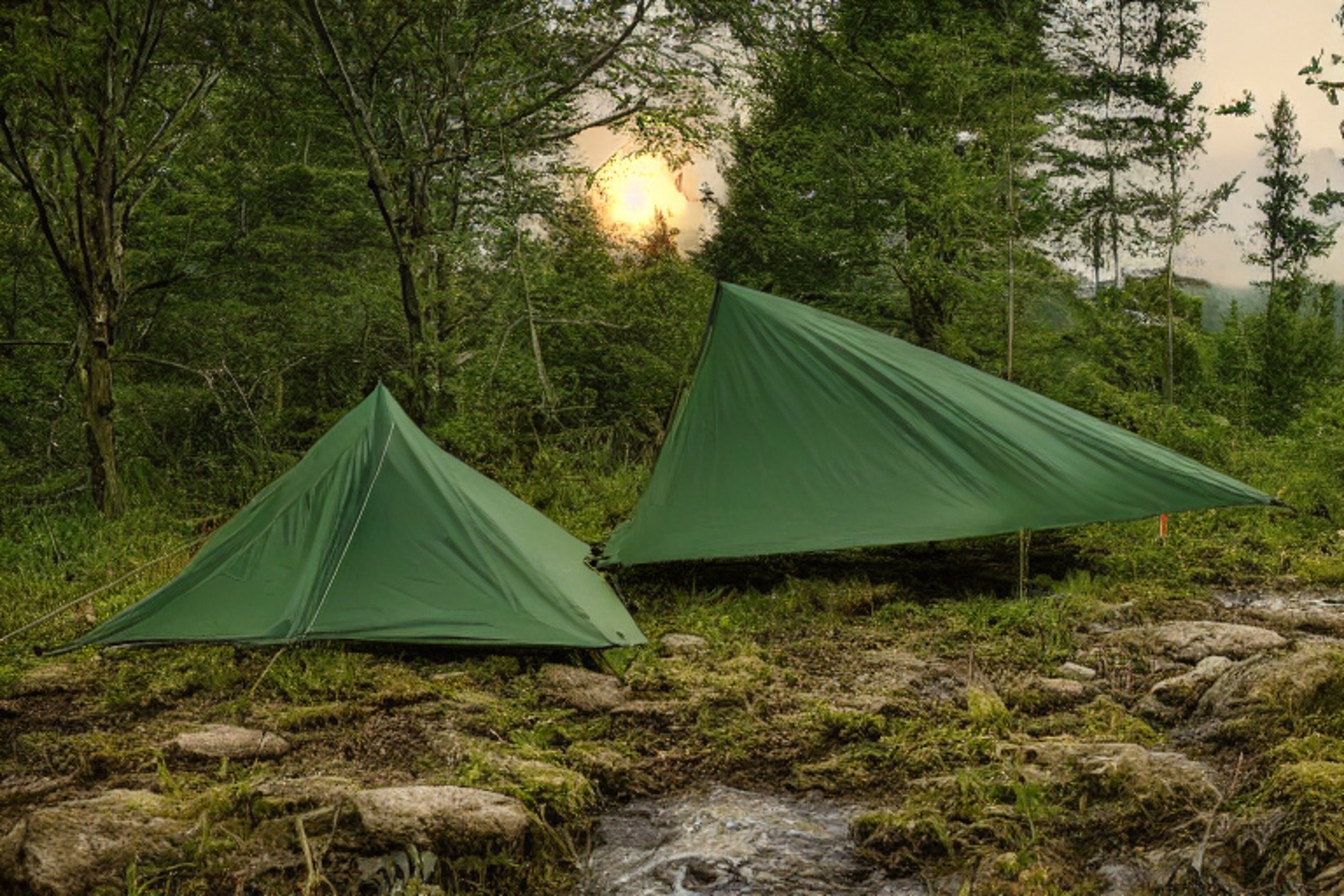 A green camo tent rests on a dirt campsite beside a quiet river. Rain falls as a small stream winds through the rocky ground. A hammock hangs between the trees, while the moon glows softly in the night sky.