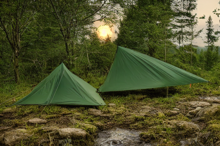A green camo tent rests on a dirt campsite beside a quiet river. Rain falls as a small stream winds through the rocky ground. A hammock hangs between the trees, while the moon glows softly in the night sky.