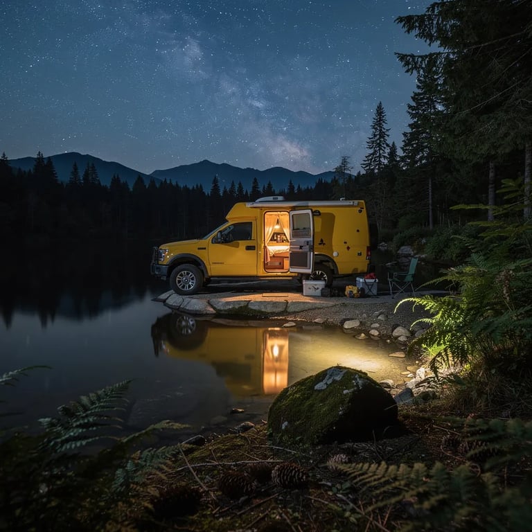 A quiet lake on Vancouver Island reflects a sky packed with stars. A bright yellow truck camper sits by the shore with its door open, glowing warm in the dark. Ferns, pine cones, and a big mossy rock make the forest floor feel wild and cozy.