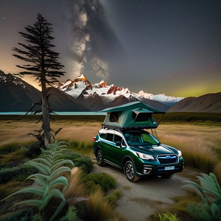 A green Subaru sits at a quiet campsite beneath stormy dusk skies. Its rooftop tent is open, with ferns and a dirt patch nearby. Rolling hills and a pale moon add a peaceful touch to the wild Mount Cook landscape.