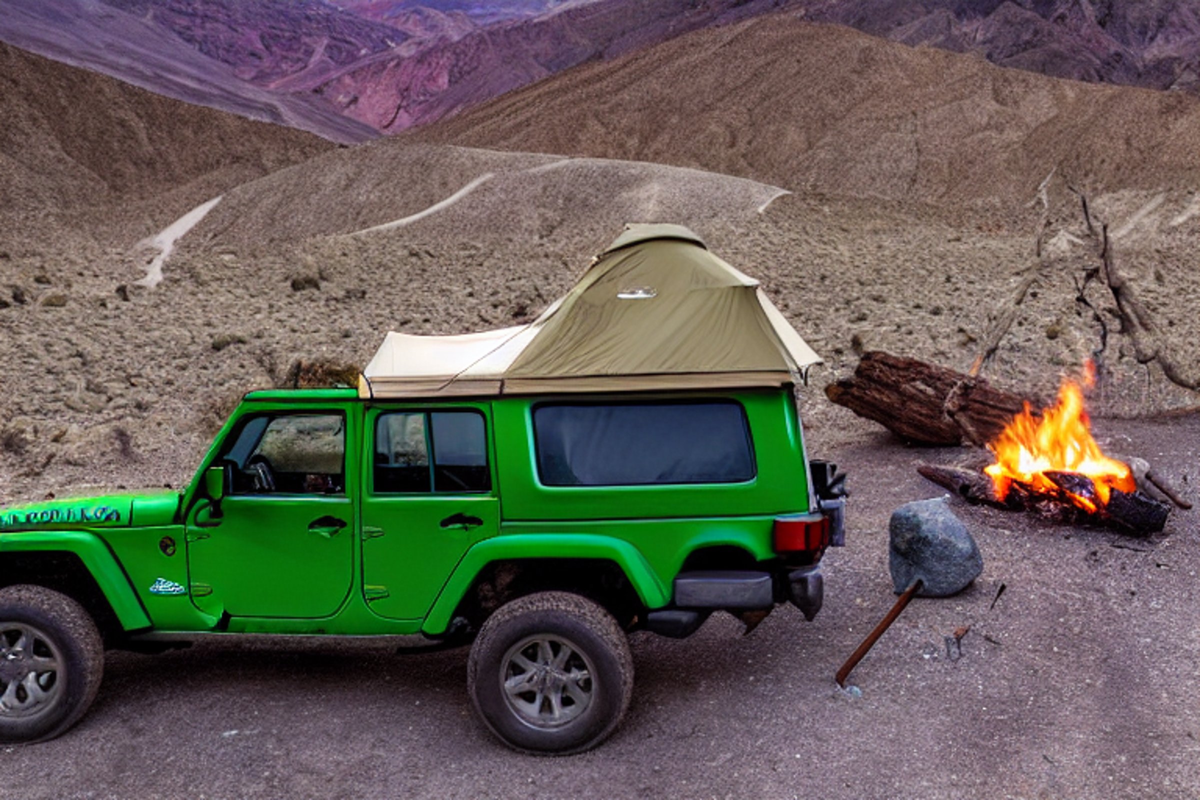 A green Jeep with a rooftop tent rests in a sunny Death Valley campsite. A warm campfire glows among stones, with chairs and a backpack nearby. Rugged desert land stretches out under the soft colors of sunrise.
