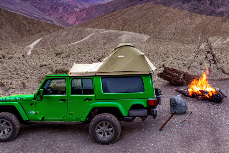 A green Jeep with a rooftop tent rests in a sunny Death Valley campsite. A warm campfire glows among stones, with chairs and a backpack nearby. Rugged desert land stretches out under the soft colors of sunrise.