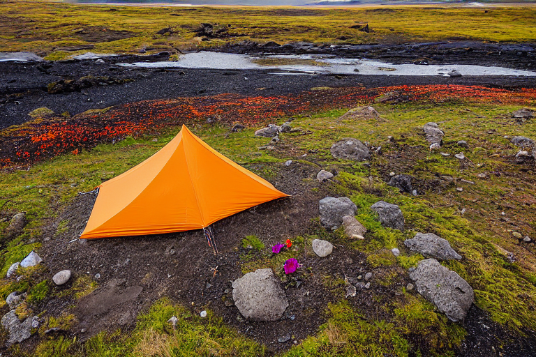 A tan tent rests beside a dirt patch at a peaceful Icelandic campsite. Small trees, bright flowers, and fall-colored leaves surround the area, with a large rock nearby. Warm sunset light fills the scene under a clear, sunny sky.