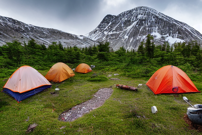 A colorful tent rests in a sunny campsite in India’s Valley of Flowers. Camp chairs and a log fire sit on a dirt patch, with a parking spot nearby. Tall mountains and bright flowers fill the peaceful valley under a clear blue sky.
