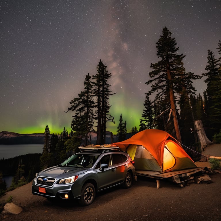 A cozy campsite rests by Crater Lake under a sky glowing with green auroras. A gray and orange Subaru with an open rooftop tent sits nearby, with a canoe, backpack, and lantern adding charm.
