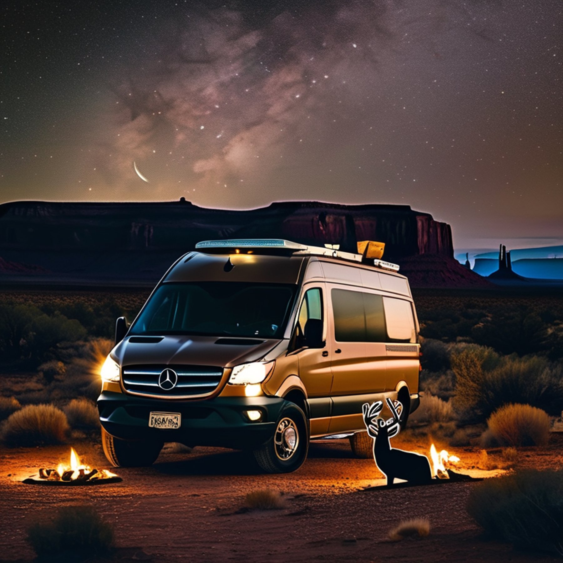 A brown camper van rests beside a warm campfire on a foggy desert night. Tall stone slabs rise around the campsite as the moon and colorful northern lights glow above. A deer stands quietly in the distance.