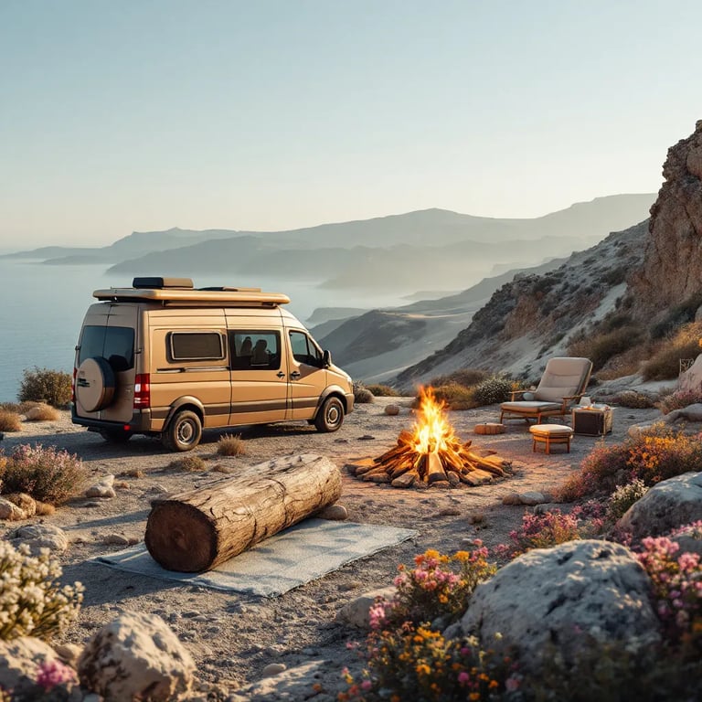 A brown camper van rests on rocky ground along a hazy cliff in Santorini. Wildflowers, a large log, and a campfire create a cozy feel, while surfers and sandy dunes stretch into the distance.