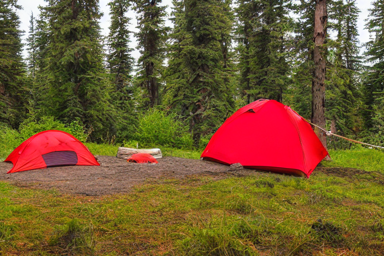 A red and white tent rests beside a warm campfire on a dirt clearing in Washington State. Tall trees, a large rock, and a hammock create a peaceful forest camp, while cloudy sunrise light fills the sky. A picnic table adds a cozy touch.