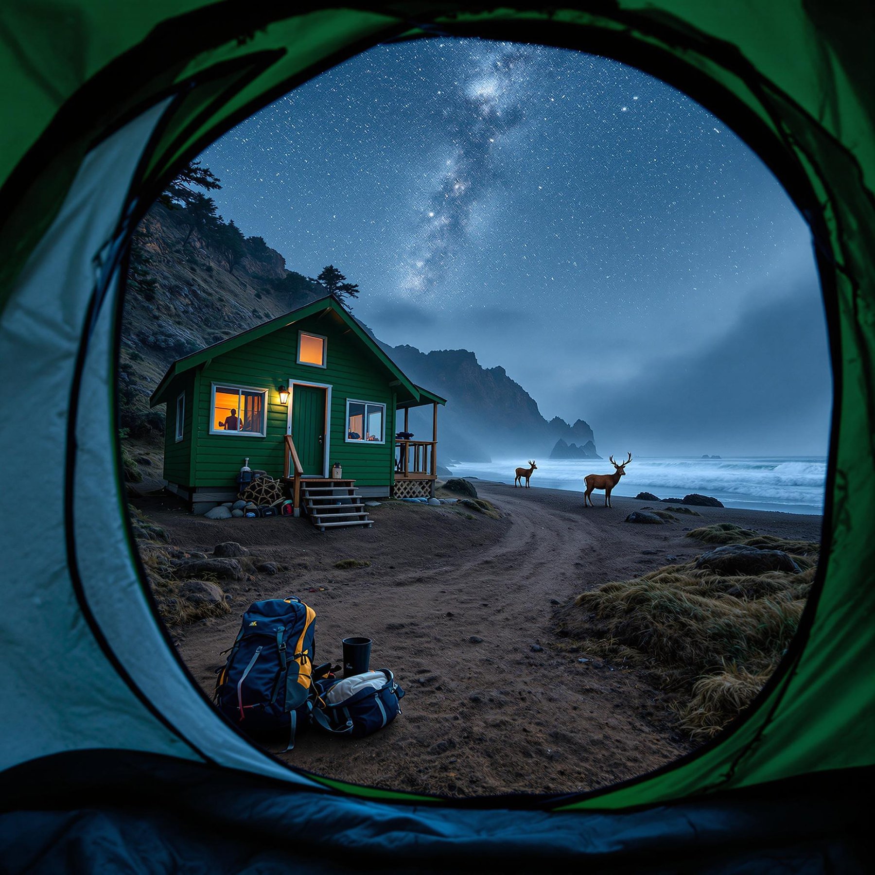 A green cabin rests among the misty trees of Big Sur on a rainy night. A meteor shower lights the sky above the campsite, while a backpack sits by the dirt path and a deer watches from far away.