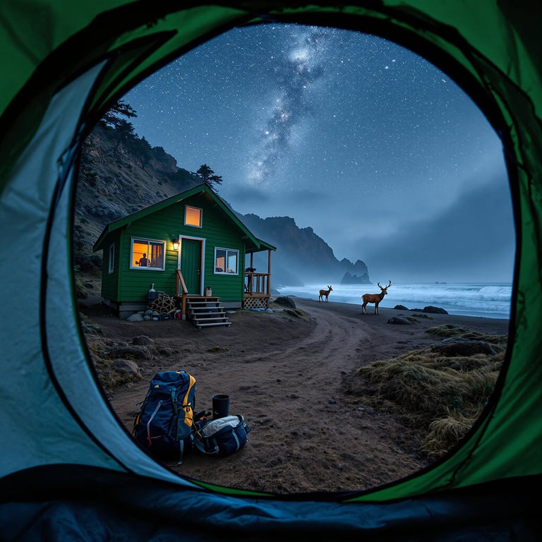 A green cabin rests among the misty trees of Big Sur on a rainy night. A meteor shower lights the sky above the campsite, while a backpack sits by the dirt path and a deer watches from far away.