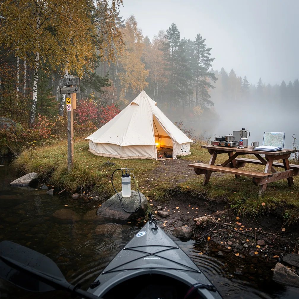 A quiet river slips through a misty forest of birch and pine, glowing with autumn colors. A cream canvas tent sits on the grassy bank beside a picnic table and a small trail post. From a kayak on the water, the campsite feels calm, cool, and far away from everything.