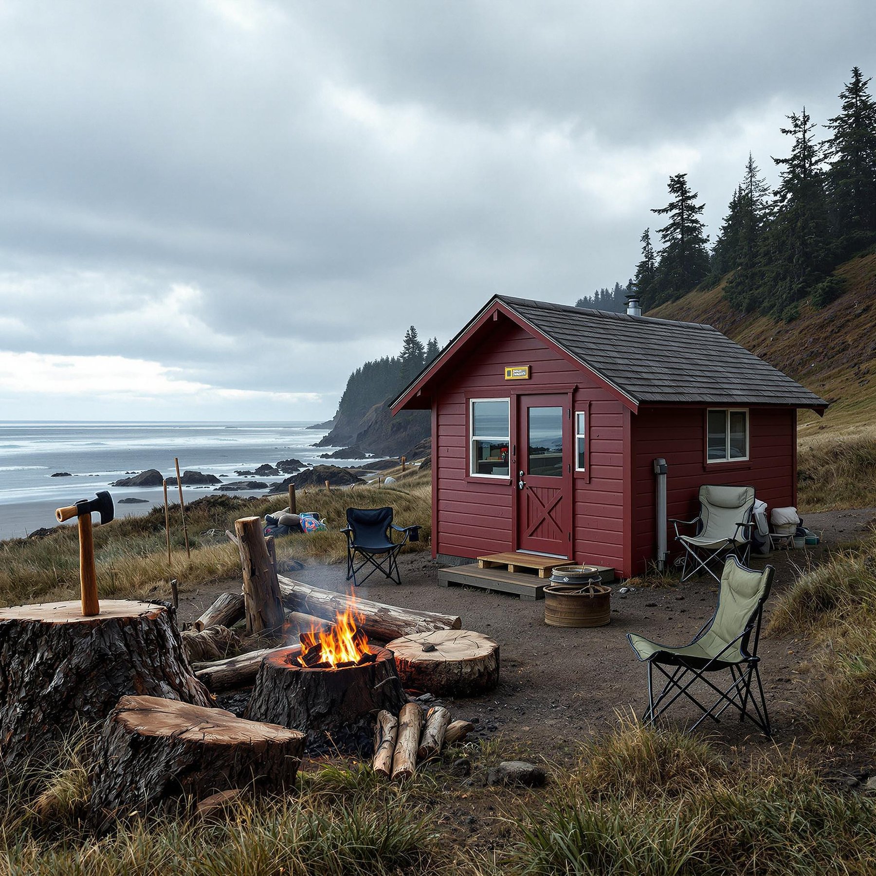 A burgundy cabin rests near Cannon Beach under a soft, drizzly sky. A small campfire, wooden log, and camping chair create a cozy spot beside the shore. An axe sticks from a tree stump, while tent stakes wait in the damp ground.
