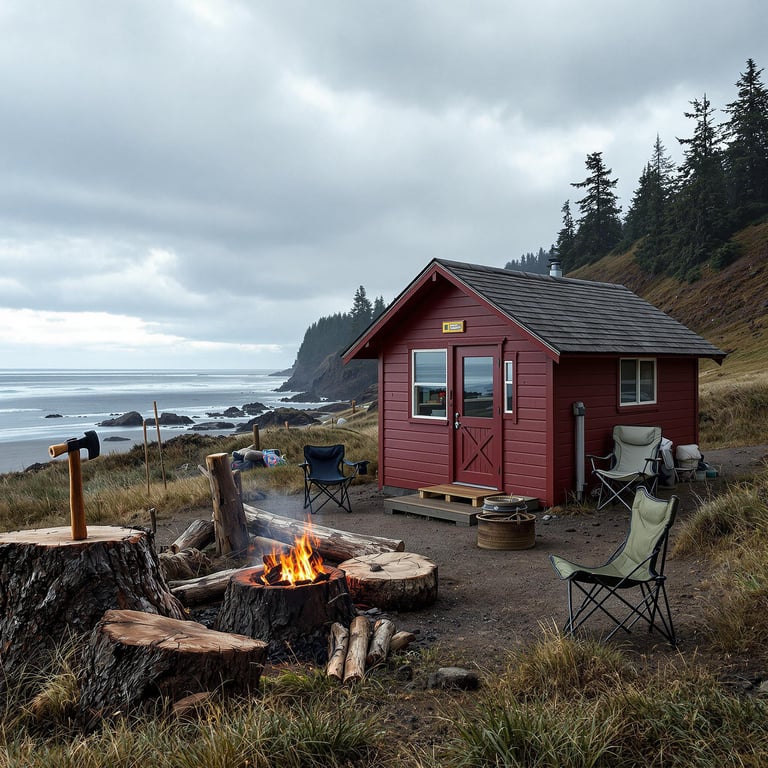 A burgundy cabin rests near Cannon Beach under a soft, drizzly sky. A small campfire, wooden log, and camping chair create a cozy spot beside the shore. An axe sticks from a tree stump, while tent stakes wait in the damp ground.