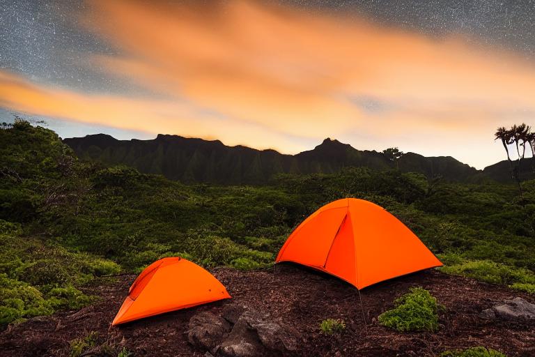 An orange tent rests among flowers and boulders beneath the rainy Hawaiian night sky. A warm campfire glows nearby as hikers gather, with rolling hills fading into the dark.