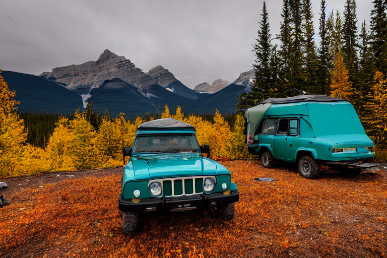 A teal Jeep with a rooftop tent rests at a quiet campsite in Banff National Park. Fall trees glow through the soft evening fog, while a campfire warms the logs nearby. A backpack sits on the ground, ready for adventure.