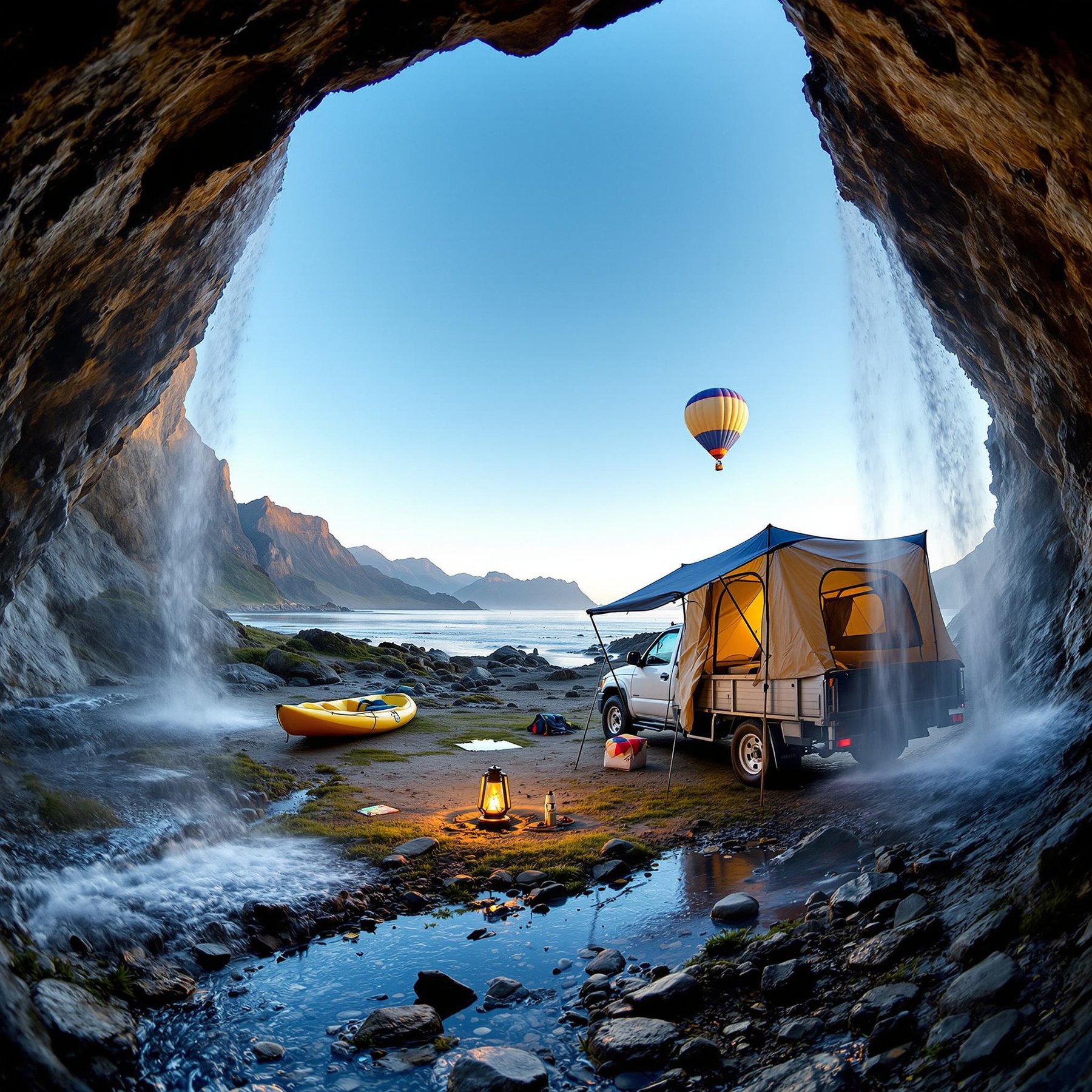 Camp by the ocean with waterfalls flowing all around and mountains in the distance. A cozy tent and kayak wait by a glowing lantern, while a hot air balloon floats above. This is an adventure spot full of wonder and fun!