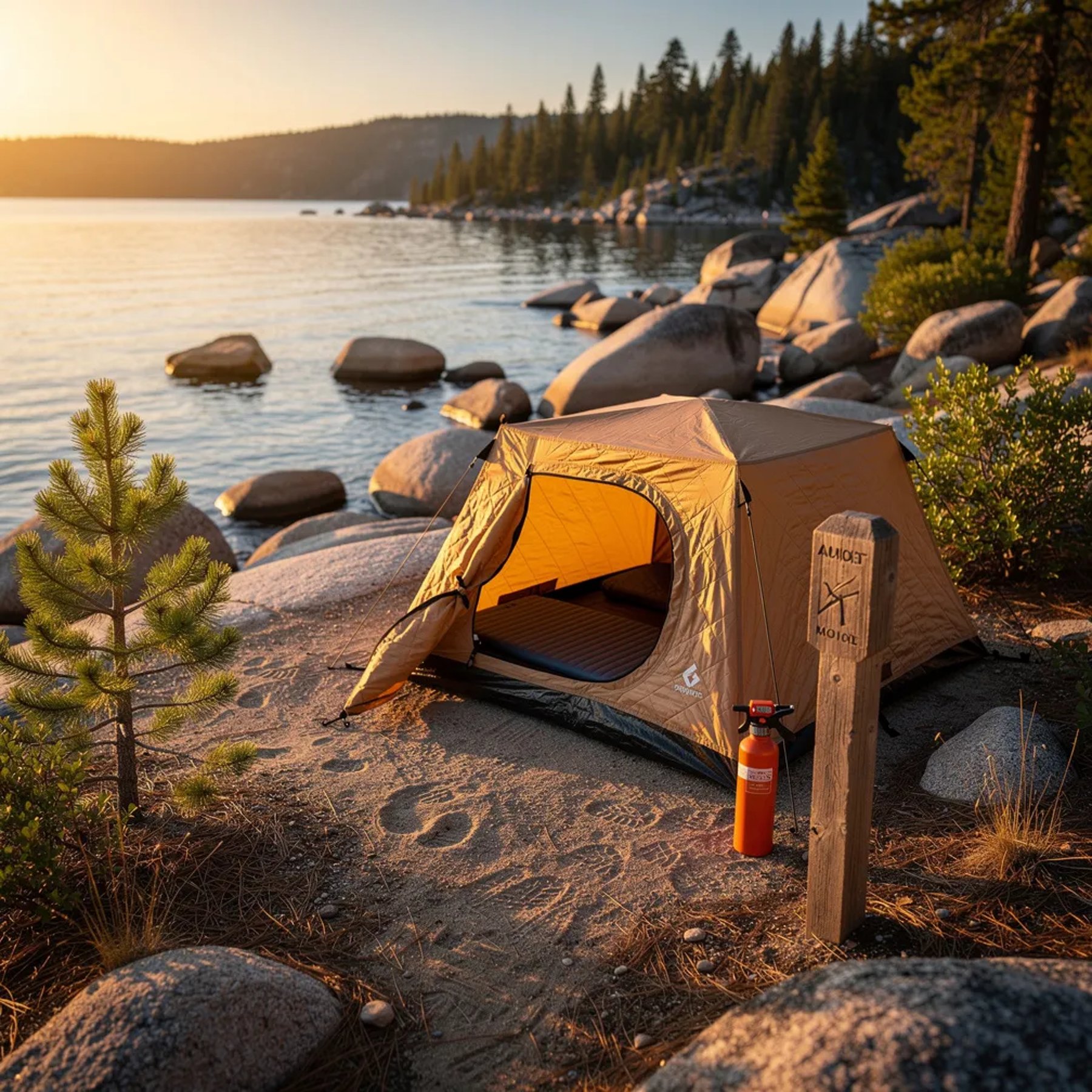 A tan tent sits close to the calm lake, glowing in the warm sunset light. Big granite rocks and tall pine trees frame the quiet shoreline. A small trail marker stands by a faint path, and the tent door is open just enough to see a sleeping pad inside. The whole place feels peaceful and crisp, with golden light dancing on the water.
