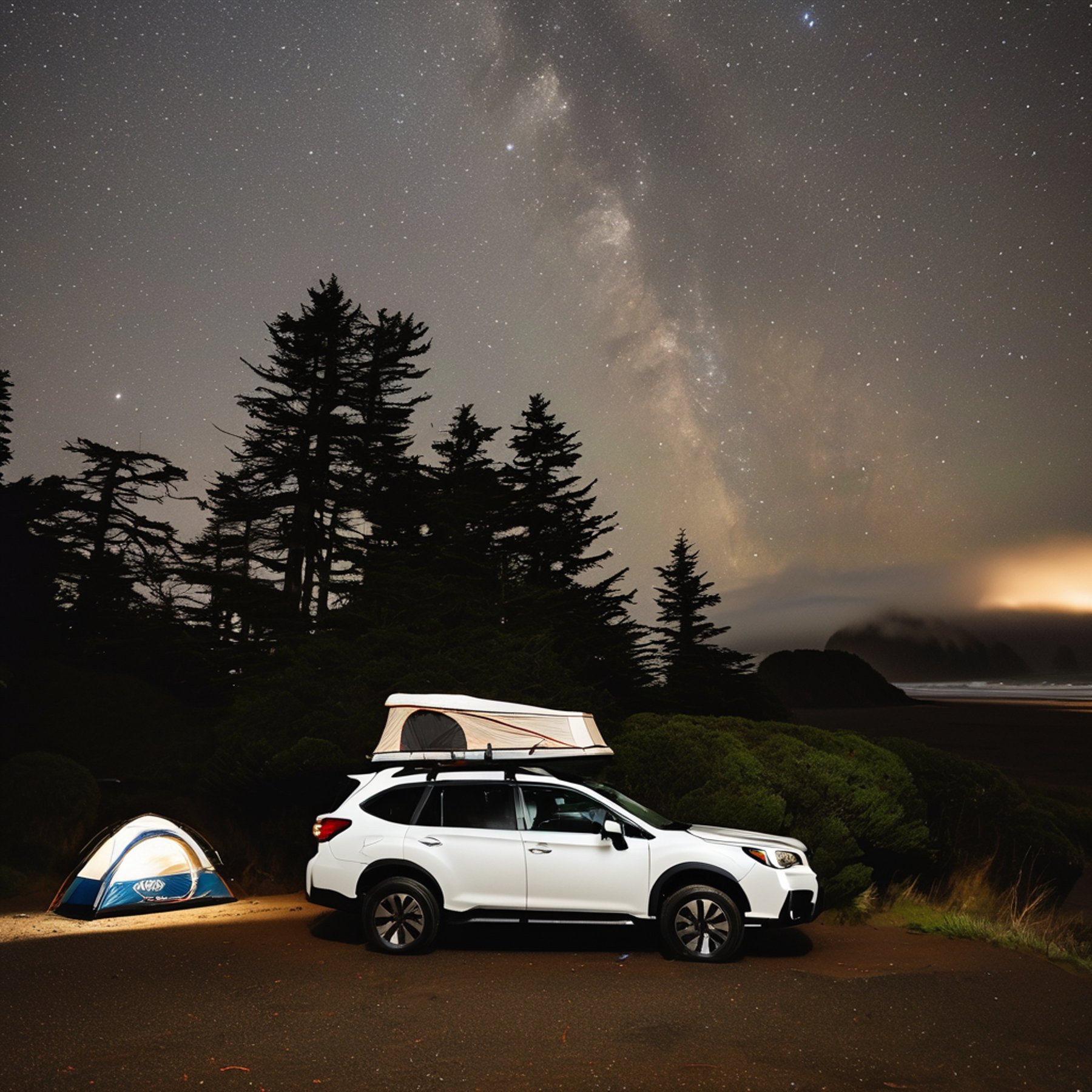 A white Subaru rests by the dark shore of Cannon Beach, with its rooftop tent ready for the night. Pine cones and thick bushes surround a small campsite sign as meteors streak across the stormy sky.