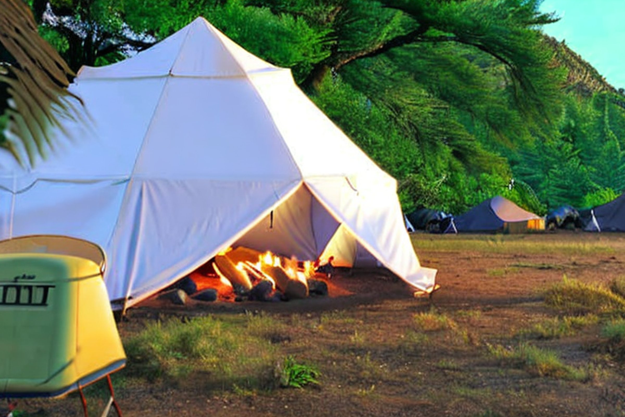 A white tent rests on a quiet dirt clearing in Hawaii. A warm campfire glows beside the camping chairs, while small trees and large stone slabs surround the site. Above, a star-filled sky creates a peaceful nighttime scene.