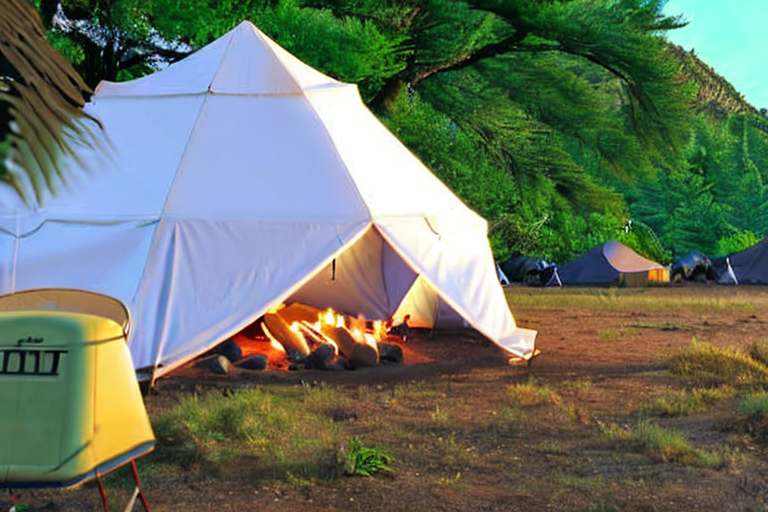 A white tent rests on a quiet dirt clearing in Hawaii. A warm campfire glows beside the camping chairs, while small trees and large stone slabs surround the site. Above, a star-filled sky creates a peaceful nighttime scene.