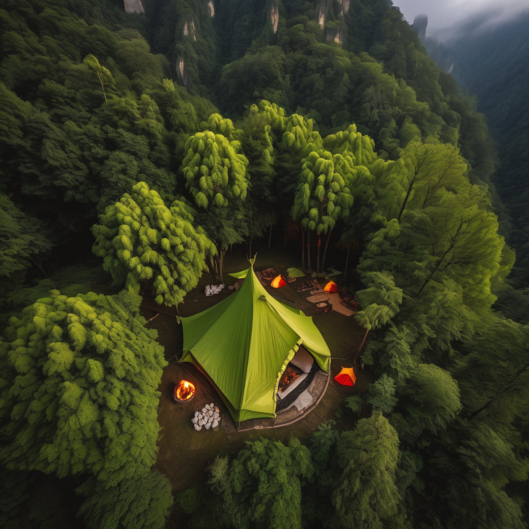 A bright lime green tent rests among moss-covered trees in Zhangjiajie at night. A warm campfire glows in the center, with marshmallows roasting over the flames. Seen from above, the campsite feels cozy beneath a partly cloudy sky.